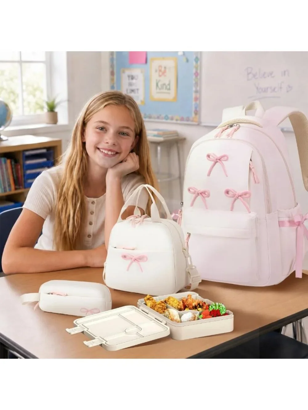 Stylish Girls Backpack Set with Lunch Box, Pencil Case & Bento Box - 4PCS, Beige